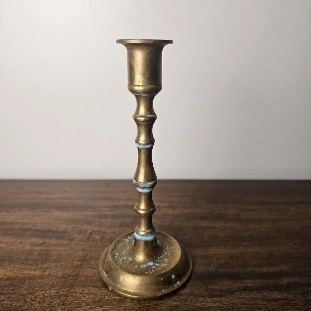Vintage Turned Brass Candlestick With Verdigris Blue Patina 7.25